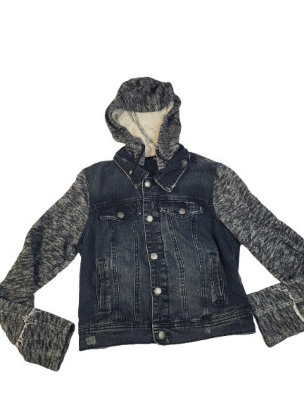 Free People Distressed Black Denim Mixed Knit Jacket Hoodie Boho Punk Small